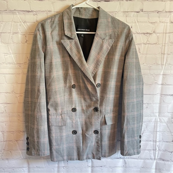 Who What Wear Plaid Roll-Up Cuff Poplin Double Breasted Blazer - Picture 2 of 6